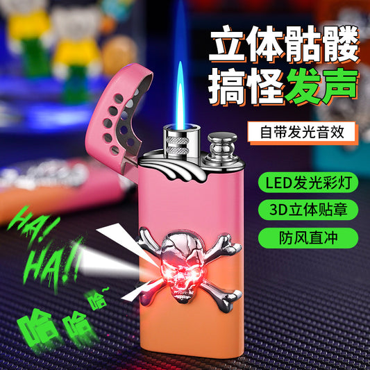 Funny Skull-Shaped Lighter with LED Light and Sound Effects Straight-Shot Windproof Metal Igniter Sound-Activated Lighter