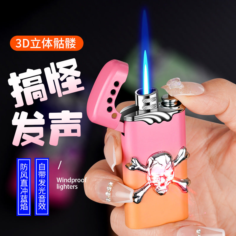 Funny Skull-Shaped Lighter with LED Light and Sound Effects Straight-Shot Windproof Metal Igniter Sound-Activated Lighter