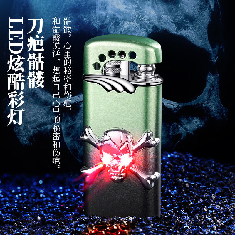 Funny Skull-Shaped Lighter with LED Light and Sound Effects Straight-Shot Windproof Metal Igniter Sound-Activated Lighter