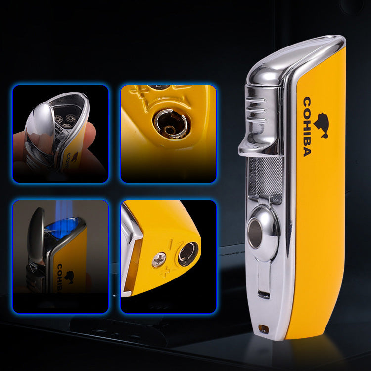 Creative Windproof Cigar Lighter Triple Tube Direct Ignition Blue Flame Metal Portable Lighter with Cigar Drill